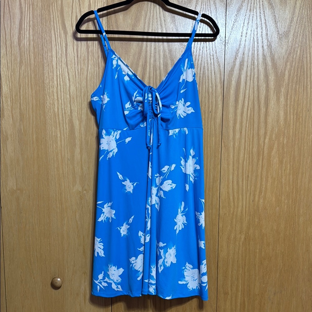 White Birch Blue Adjustable Strap Dress with Tie Front